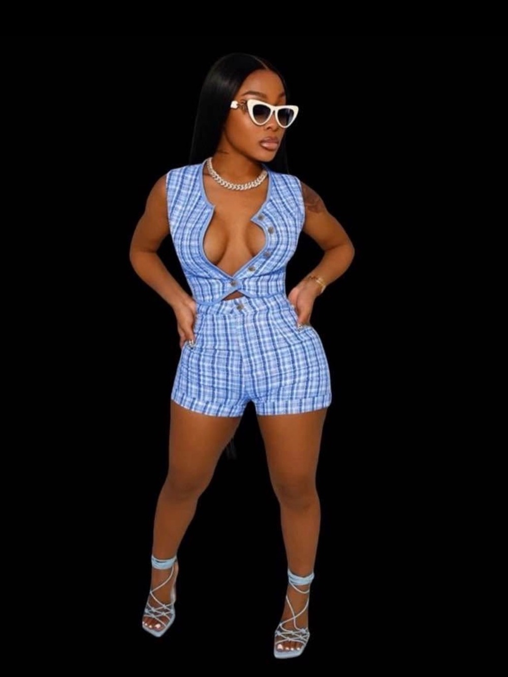 Blue Plaid Sleeveless Cutout Romper